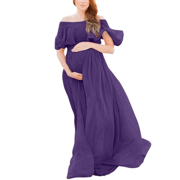 Efsteb Women's Off-Shoulder Maternity Maxi Dress Short Sleeve Flowy Chiffon Gown Long Dresses with Ruffle Sleeves for Photoshoot , Baby Shower ,Purple,XL