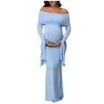thumbnail image 1 of Efsteb Women's Off-Shoulder Maternity Maxi Dress Solid Color Long Flare Sleeve Bodycon Gown Elegant Pregnant Dresses for Baby Shower & Photoshoot ,Blue,S, 1 of 8