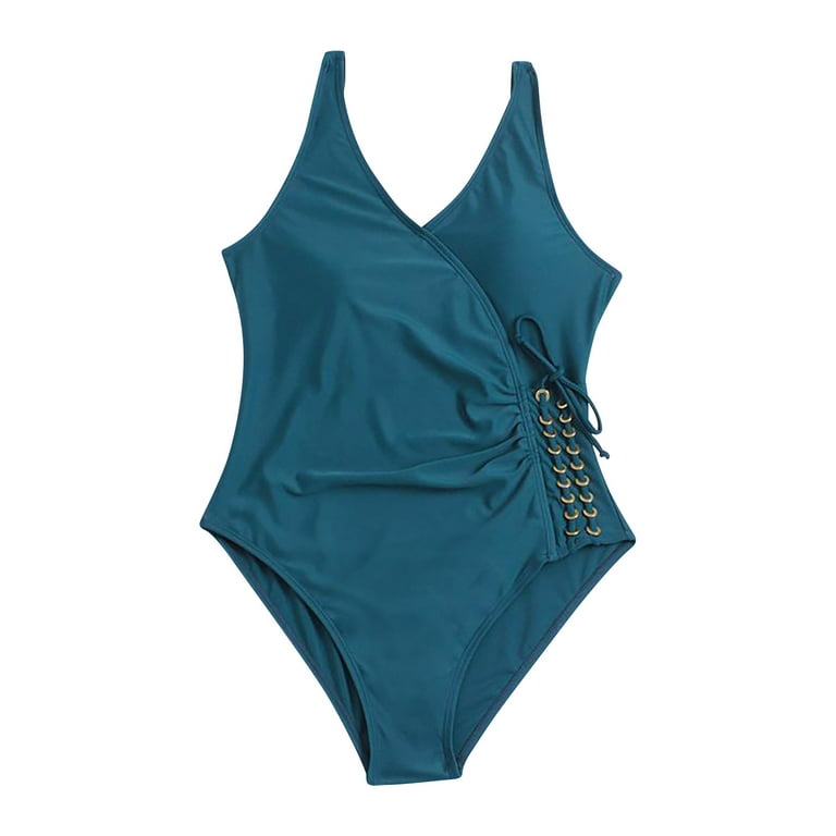 Efsteb Women's One-Piece Swimsuits Monokini Clearance Tummy Control V Neck  Bathing Suits Swimwear Beachwear Solid Color Slim One Piece Swimsuit Blue  XXL 
