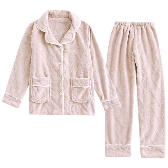 Efsteb Women's Pajama Sets Lamb Fleece Home Set Button Turndown Collar Long Sleeve Tops Long Pants Fall Winter Warm Comfy Sleepwear Loose Pajama Sets Solid Color Loungewear Outfit (Beige,L)