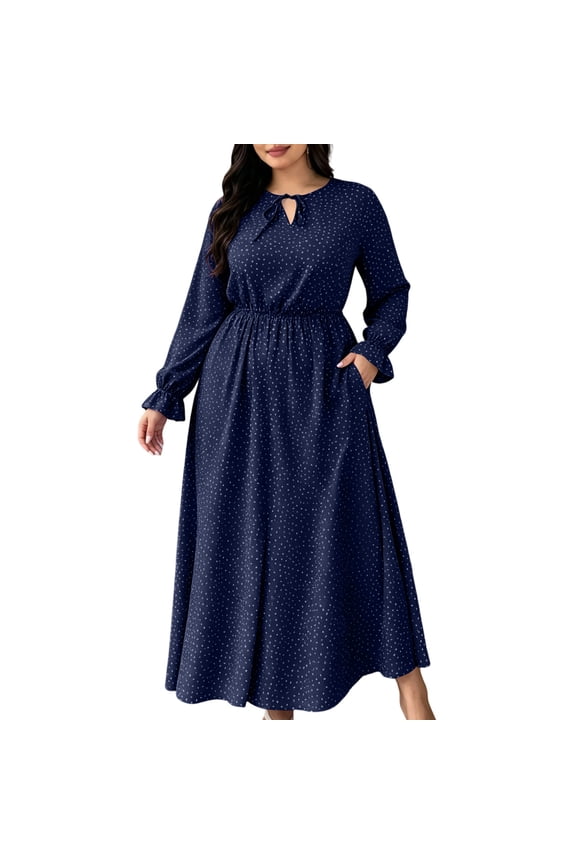 Women's Plus Size Polka Dots Long Sleeve Maxi Dress Elastic Waist A-Line Long Dress for Spring Fall Daily Casual (Navy,XXL)