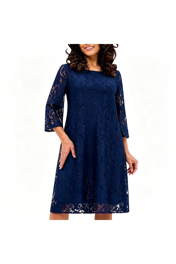 Women's Round Neck Lace Midi Dress 3/4 Sleeve Floral Overlay A-Line Dress for Wedding Guest Cocktail Party (Dark Blue,S)