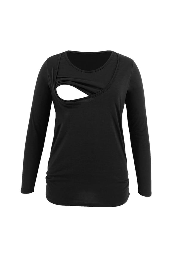 Women's Round Neck Nursing Tops Solid Color Long Sleeve Maternity Shirt Fall Maternity Clothes Comfy Breastfeeding Tshirts (Black,XXL)