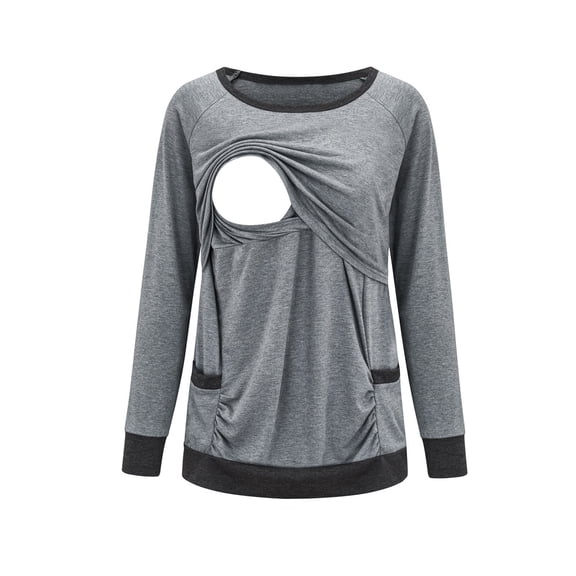 Efsteb Women's Round Neck Nursing Tops for Breastfeeding Tshirts Fall Maternity Clothes Ruched Long Sleeve Double Layer Postpartum Clothes (Gray,XXL)