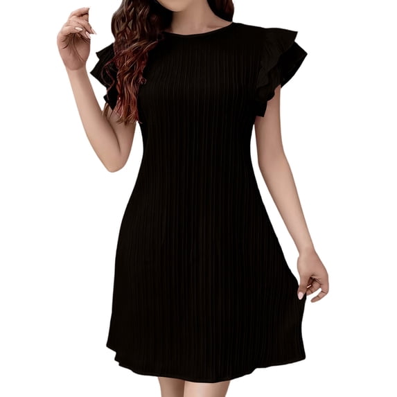 Efsteb Women's Round Neck Ruffle Sleeve Pleated Mini Dress Short Sleeve A-Line Dress for Summer Daily Work Office Casual (Black,L)