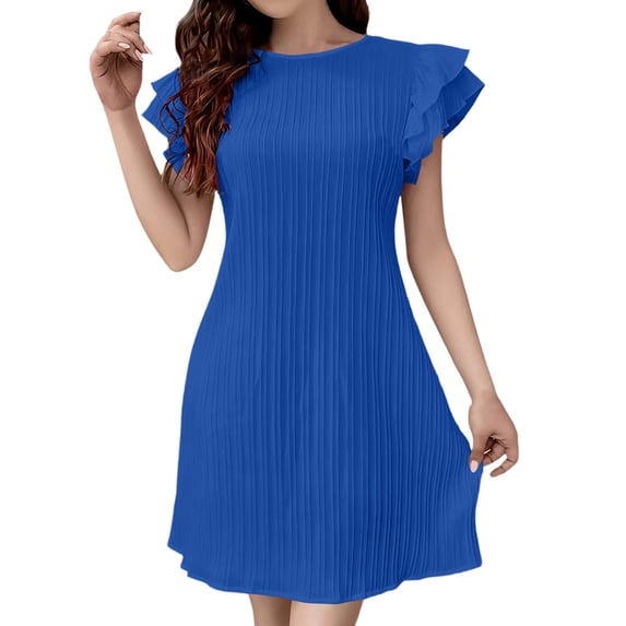 Efsteb Women's Round Neck Ruffle Sleeve Pleated Mini Dress Short Sleeve A-Line Dress for Summer Daily Work Office Casual (Blue,S)