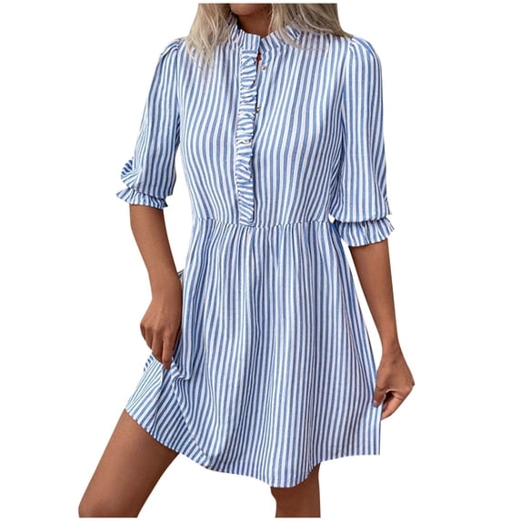 Efsteb Women's Ruffle Trim Striped Mini Dresses Fashion Button High Waist Shirt Dress Casual Puff Sleeve Lapel Sundress (Blue,M)