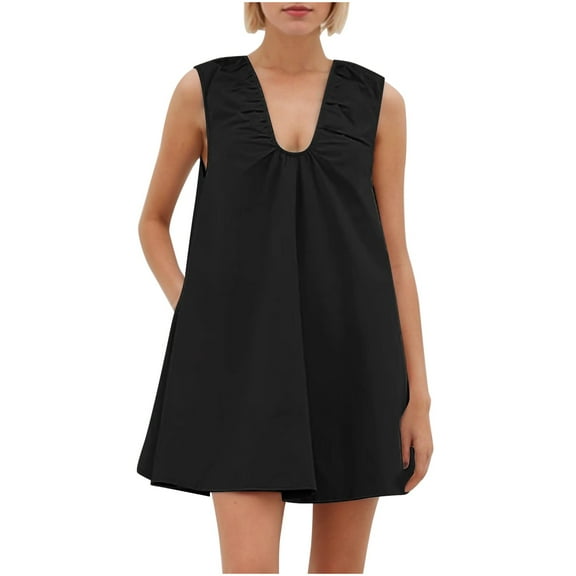 Efsteb Women's Sleeveless Tank Mini Dress V Neck Ruched Short Dress with Side Pockets Summer Dresses （Black，XL）