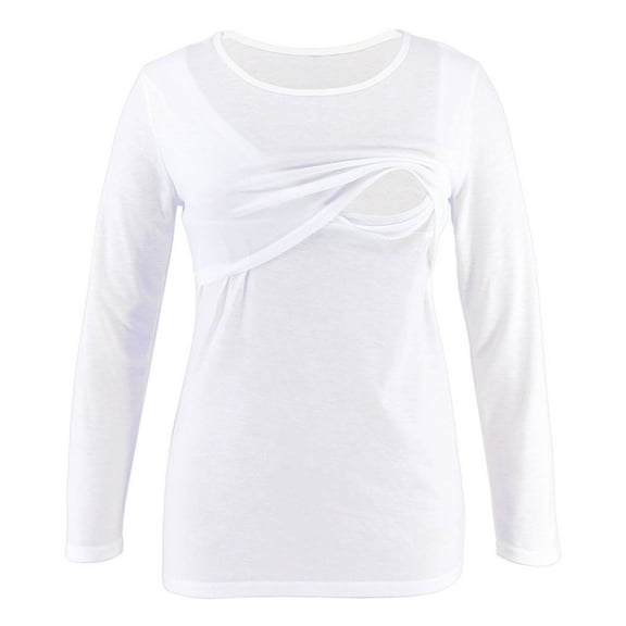 Efsteb Women's Solid Color Nursing Tops Double Layer Maternity Long Sleeve Shirt Round Neck Casual Breastfeeding Tshirts (White,S)