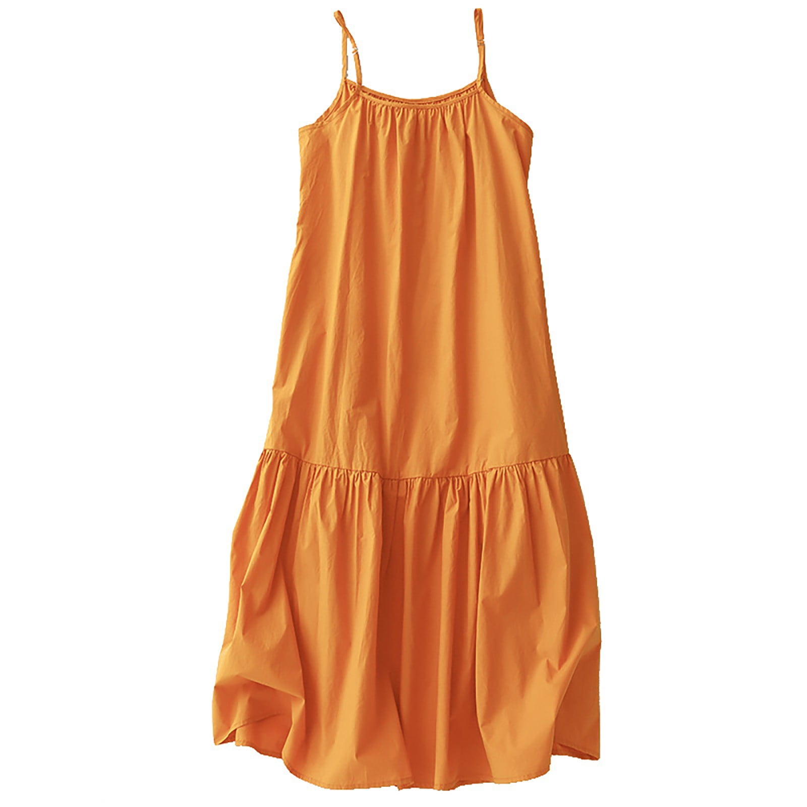 Women Yellow Wrinkled Solid Cotton Spaghetti Strap Dress Sleeveless XX080 main image 0