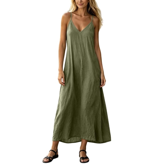 Efsteb Women's Spaghetti Strap V-Neck Linen Maxi Dress Loose Sleeveless Long Dress for Summer Beach Vacation Boho Casual (Army Green,M)