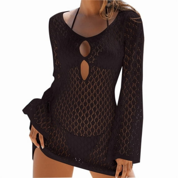 Efsteb Women's Summer Crochet Swimsuit Cover-up Solid Color Long Bell Sleeve Mini Dress for Beach Vacation (Coffee,L)