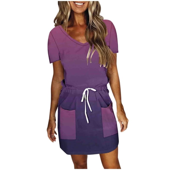 Efsteb Women's Summer Dresses Casual Resort Dress Short Sleeve Spring V-Neck Loose Fit Drawstring Waist Mini Dress with Pockets Gradient ,Size:8