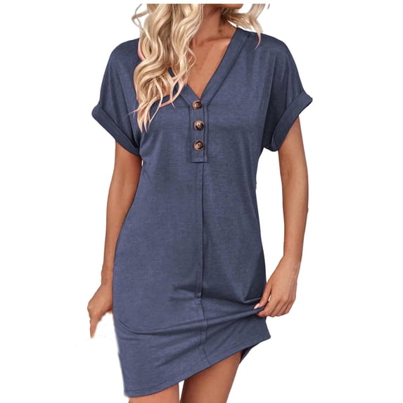 Efsteb Women's Summer Dresses Casual Short Sleeve Button Short Dress Loose Fit Resort Dress Spring V-Neck Solid Color ,Size:6