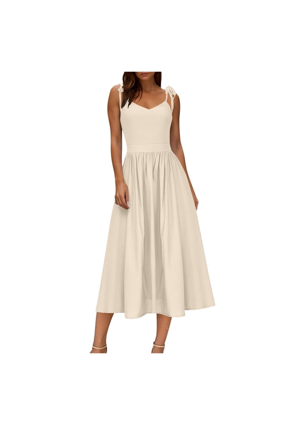 Women's Summer Sleeveless Midi Dress Solid Color Spaghetti Strap Tank Dress Cute Casual Dresses (Beige,S)