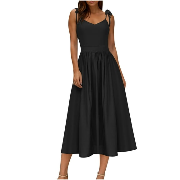 Efsteb Women's Summer Sleeveless Midi Dress Solid Color Spaghetti Strap Tank Dress Cute Casual Dresses (Black,L)