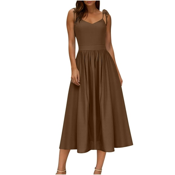 Efsteb Women's Summer Sleeveless Midi Dress Solid Color Spaghetti Strap Tank Dress Cute Casual Dresses (Coffee,XXL)