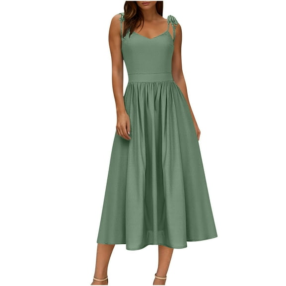 Efsteb Women's Summer Sleeveless Midi Dress Solid Color Spaghetti Strap Tank Dress Cute Casual Dresses (Green,M)