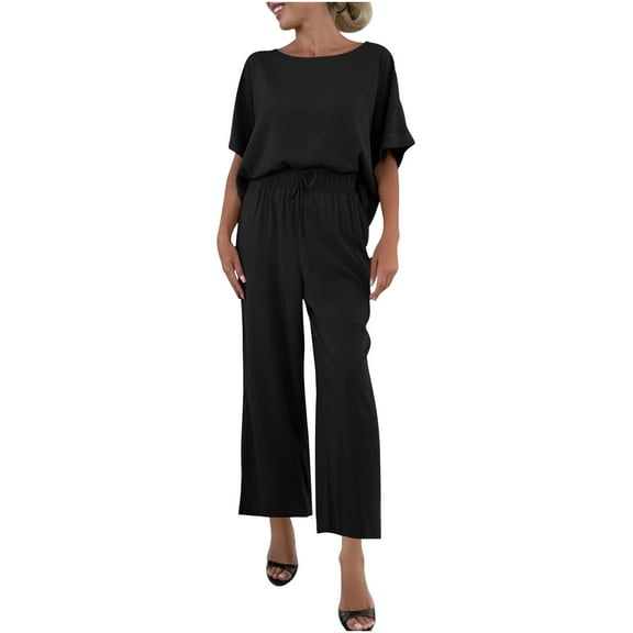 Efsteb Women's Two Piece Outfits Short Sleeve Loose Round Neck Tops Wide Leg Pants Business Casual Suits with Pockets (Black,L)