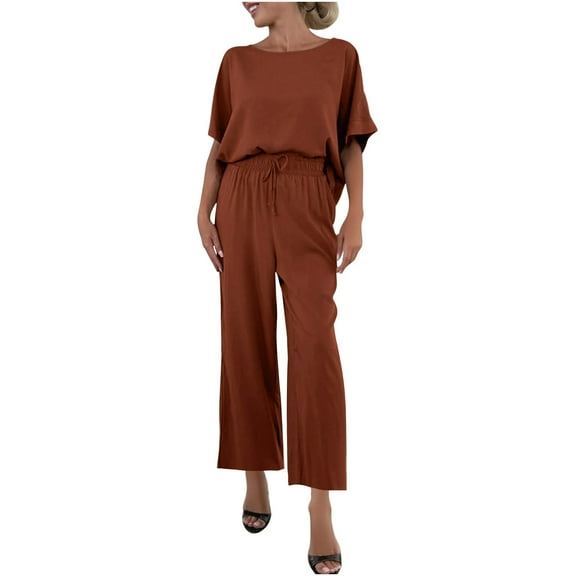 Efsteb Women's Two Piece Outfits Short Sleeve Loose Round Neck Tops Wide Leg Pants Business Casual Suits with Pockets (Brown,S)