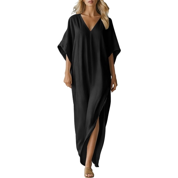 Efsteb Women's V-Neck Batwing Sleeve Dress Lightweight Cotton Linen Summer Dresses Casual Maxi Dress with Side Slit for Beach (Black,L)