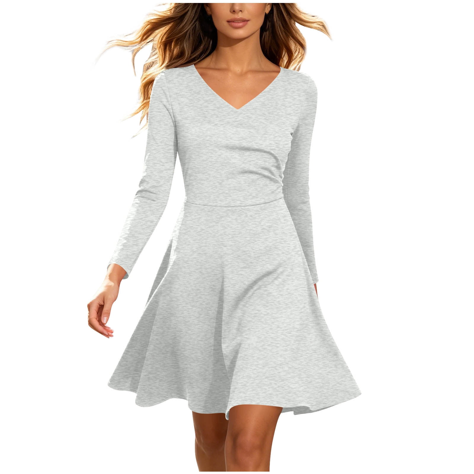 grey skater dress long sleeve Efsteb Women's V-Neck Elastic Waist A-Line Mini Dress for Fall Winter Casual Daily Work (Gray,XXXL), Size: 3XL mode créateur