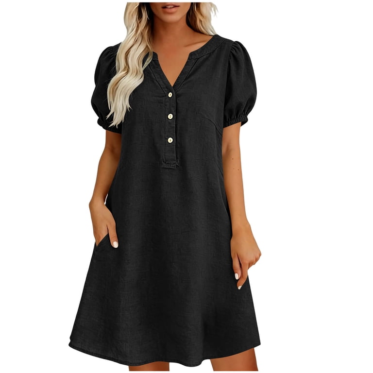 Efsteb Women's V-Neck Puff Sleeve Denim Mini Dress Button Front Jean Short Dress with Pockets for Summer Casual Daily (Black,XL), Gold