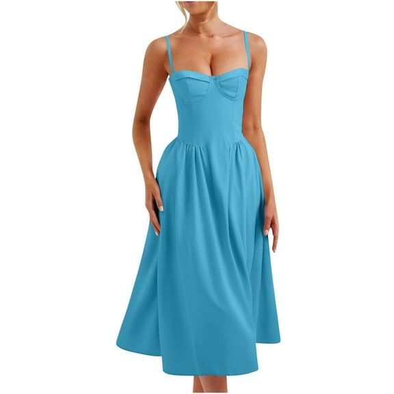 Efsteb Women's Vintage Corset Dress Spaghetti Strap A-Line Midi Dresses Elegant Cocktail Evening Dresses Sleeveless Tank Dress (Blue,S)