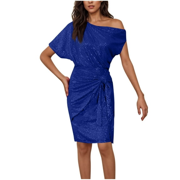 Efsteb Women's Wear to Work Dresses Off the Shoulder Summer Dress with Short Sleeves Sequin Bling Formal Cocktail Dress (Blue,XL)