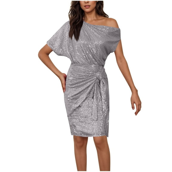 Efsteb Women's Wear to Work Dresses Off the Shoulder Summer Dress with Short Sleeves Sequin Bling Formal Cocktail Dress (Clear,S)