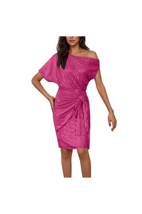 Women's Wear to Work Dresses Off the Shoulder Summer Dress with Short Sleeves Sequin Bling Formal Cocktail Dress (Hot Pink,S)