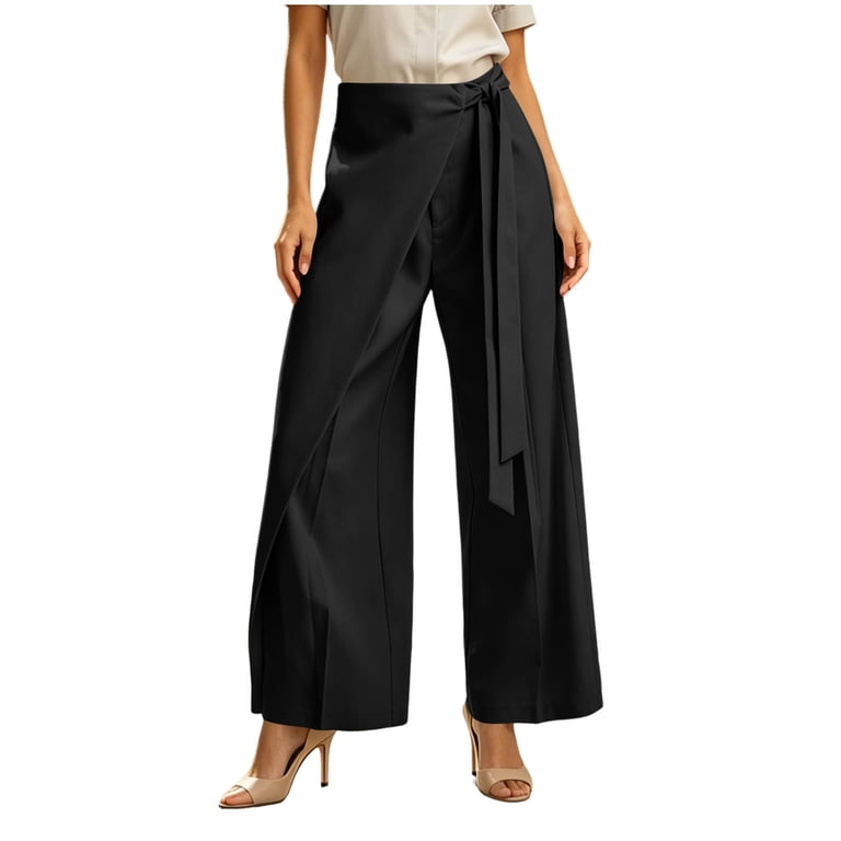 Efsteb Women's Wrap Tie High Waist Wide Leg Dress Pants High Split Elegant Loose Fit for Wedding Party Office Formal Occasion Bottoms (Black,XXXL)