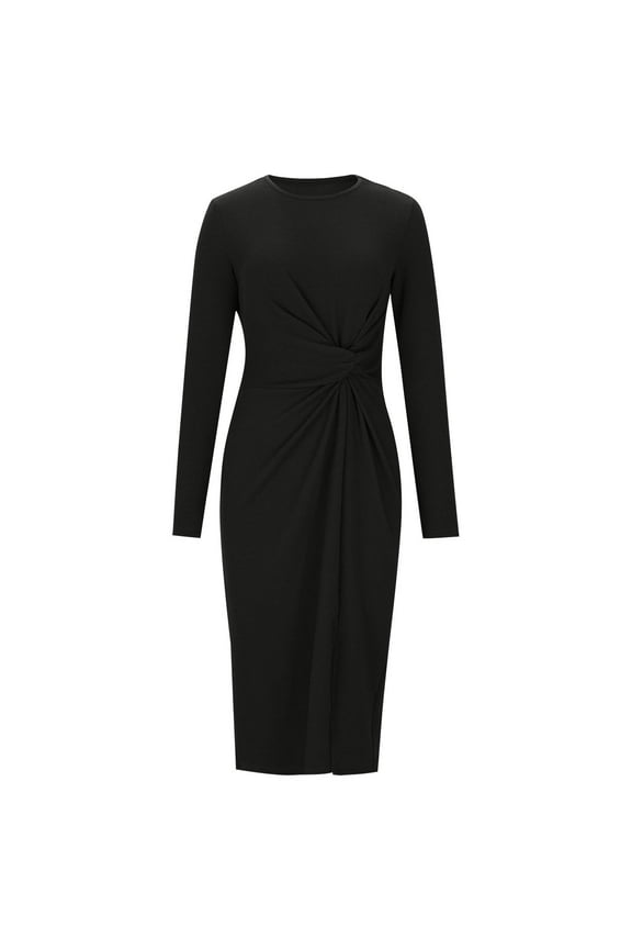 Women's wear to Work Dresses Fall Fashion 2025 Twist Front Stretch Slim Fit Elegant Long Sleeve Ruched Midi Dress (Black,M)