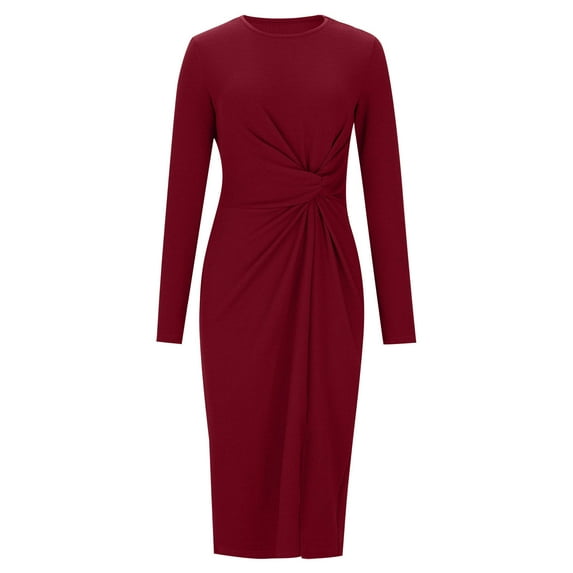 Efsteb Women's wear to Work Dresses Fall Fashion 2025 Twist Front Stretch Slim Fit Elegant Long Sleeve Ruched Midi Dress (Wine,XXL)