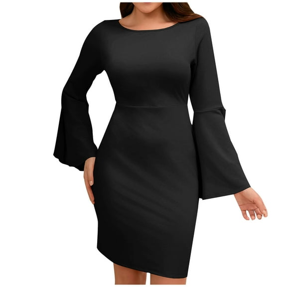 Efsteb Women's wear to Work Dresses Long Sleeve Solid Business Pencil Dress Bell Sleeve Cocktail Bodycon Mini Dress (Black,S)