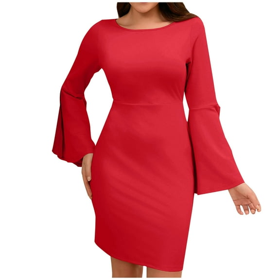 Efsteb Women's wear to Work Dresses Long Sleeve Solid Business Pencil Dress Bell Sleeve Cocktail Bodycon Mini Dress (Red,S)