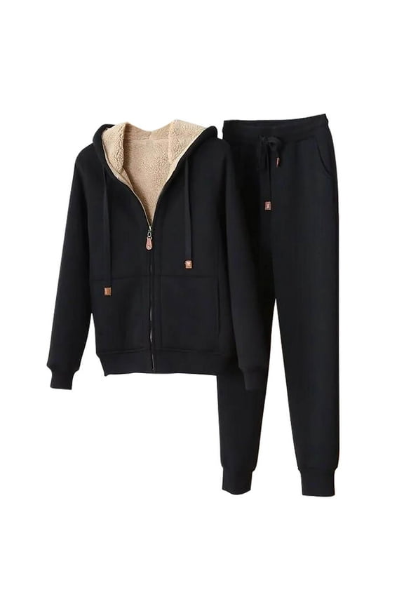 Womens 2 Piece Outfits Winter Warm Fleece Lined Zipper Long Sleeve Hooded Sweatshirt And Jogger Sweatpants Tracksuit Set Clearance (Black,L)