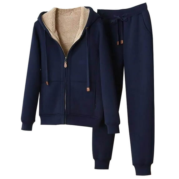 Efsteb Womens 2 Piece Outfits Winter Warm Fleece Lined Zipper Long Sleeve Hooded Sweatshirt And Jogger Sweatpants Tracksuit Set (Navy,L)