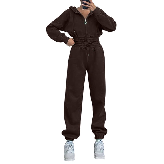 Efsteb Womens 2 Piece Sweatsuits Cropped Zip Up Hoodie and Wide Leg Pants Sets Matching Outfit Fall Workout Sets (Coffee,L)