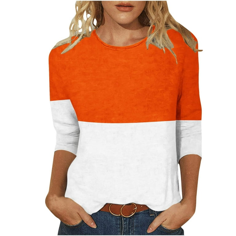 Efsteb Womens 3/4 Sleeve Shirts Loose Lightweight Shirts Comfy Soft Trendy  Tunic Tops Casual Round Neck Graphic Tees Color Block Splicing Tops Orange  L 