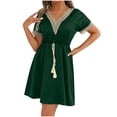 thumbnail image 1 of Efsteb Womens A line V Neck Dress with Pockets Solid Color Short Sleeve Waist Retraction Dress (Green,L), 1 of 7