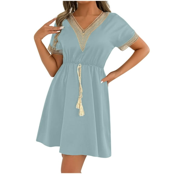 Efsteb Womens A line V Neck Dress with Pockets Solid Color Short Sleeve Waist Retraction Dress (Light Blue,M)