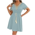 thumbnail image 1 of Efsteb Womens A line V Neck Dress with Pockets Solid Color Short Sleeve Waist Retraction Dress (Light Blue,XXL), 1 of 7