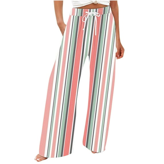 Efsteb Womens Baggy Pants Summer Casual Striped Printed Pants with Pockets Lightweight Polyester Trousers for Outdoor Activities and Daily Wear