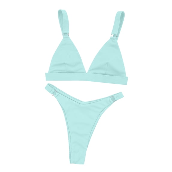 Efsteb Womens Bikini Swimsuits Beach Two Piece Swimsuits High Waist Bikini Solid Color Summer V Neck Bathing Suit Swimwear (Sky Blue,S)