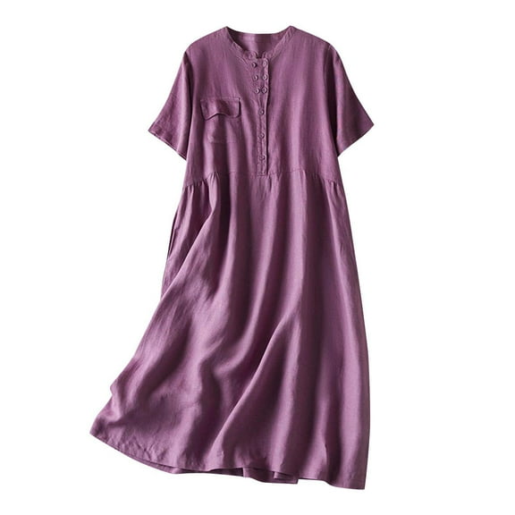 Efsteb Womens Bohemian Cotton Linen Dresses Short Sleeve Maxi Long Dress Summer Solid Plain Loose Vacation Trendy Dresses (Purple,XXL)