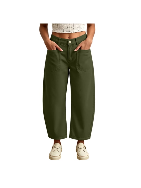 Womens Button High Waist Cargo Barrel Pants Casual Office Outdoor Walking Everyday Front Pocket Loose Trousers, (Army Green,M)