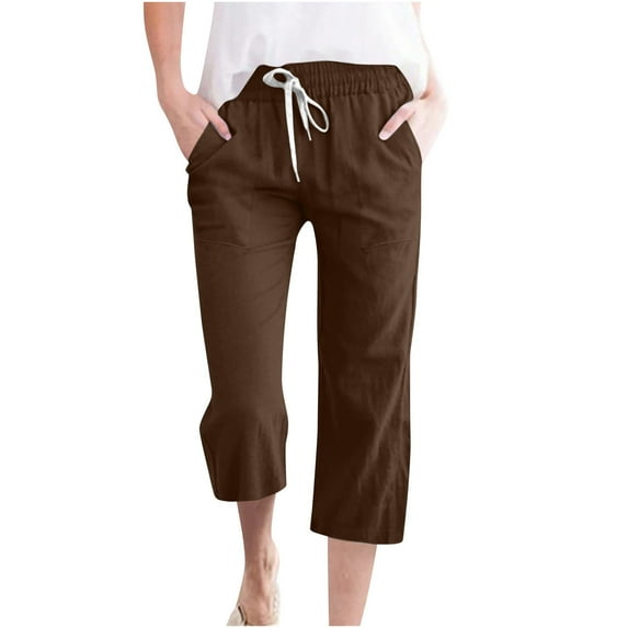 Efsteb Womens Capris Pants Casual Solid Color Elastic Loose Wide Leg Trousers with Pockets for Summer Comfortable Fashion Pants Brown M