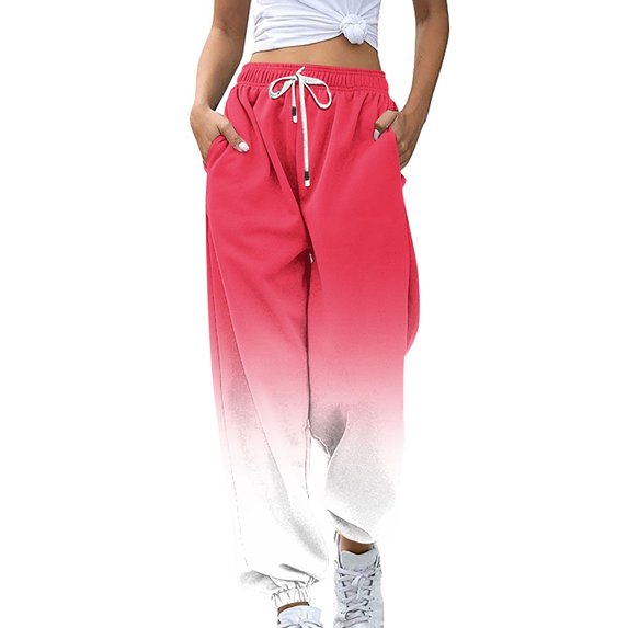 Efsteb Womens Casual High Waist Drawstring Sweatpants with Elastic Waist Solid Color Loose Fit Pants Red L