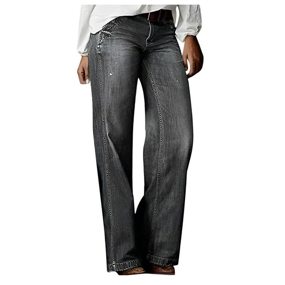 Efsteb Womens Casual Jeans Vintage High Wiasted Wide Leg Jeans Casual Fashion Plus Size Baggy Wide Leg Denim Pants Comfy Long Pants (Gray,XXXXL)